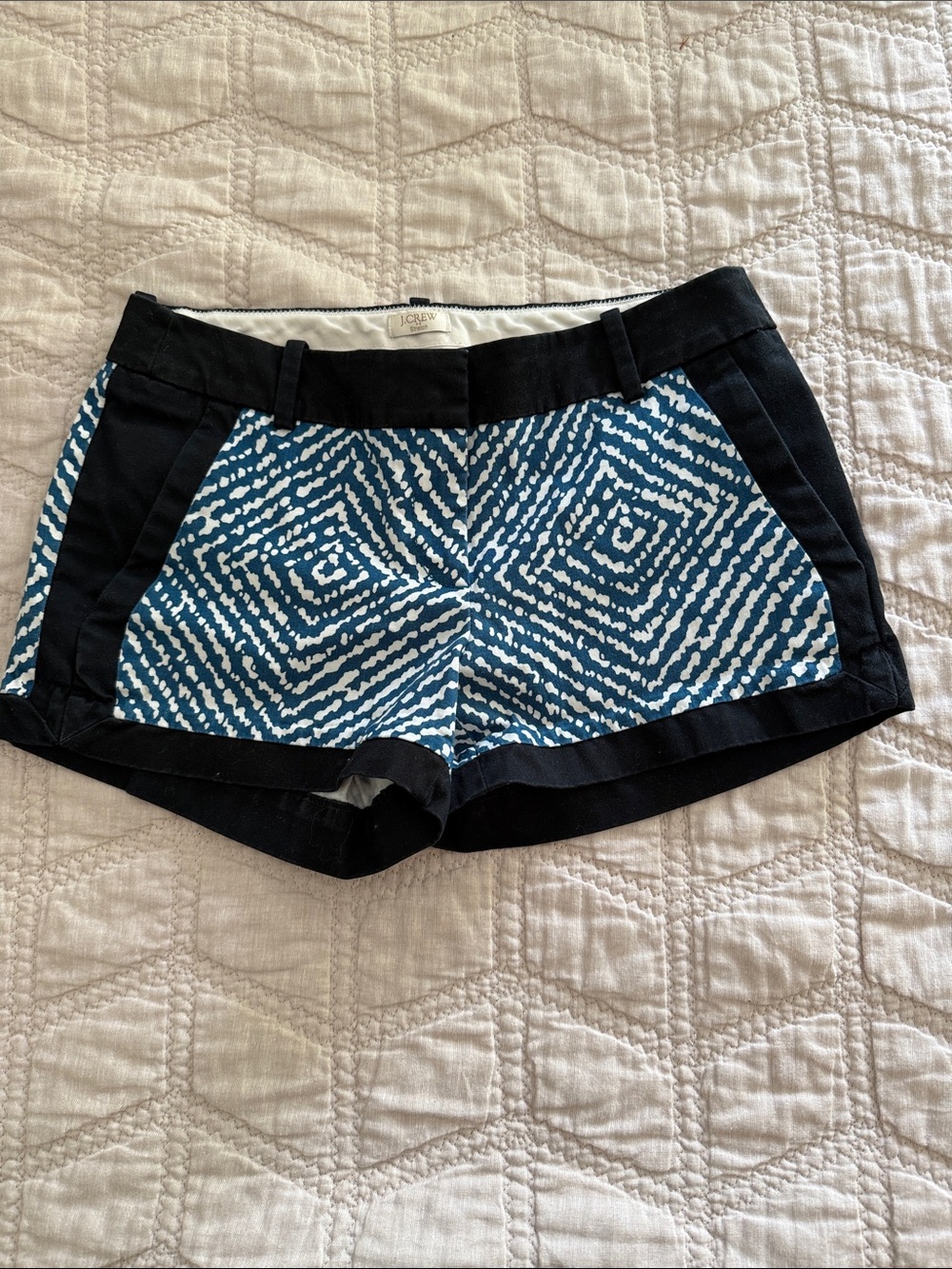 J. Crew Teal and White Geometric Contrast-Panel High Waist Shorts